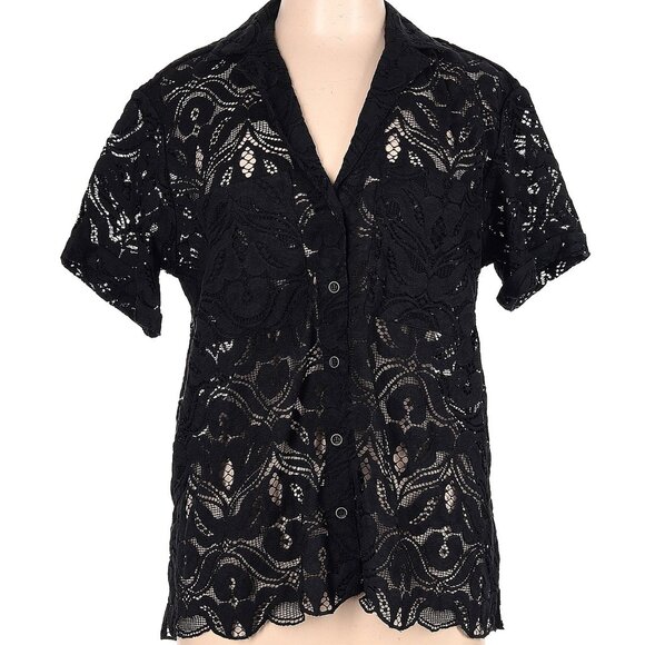 Maeve by Anthropologie Short Sleeve Button-Down lace shirt - black - Size Large - Picture 1 of 2